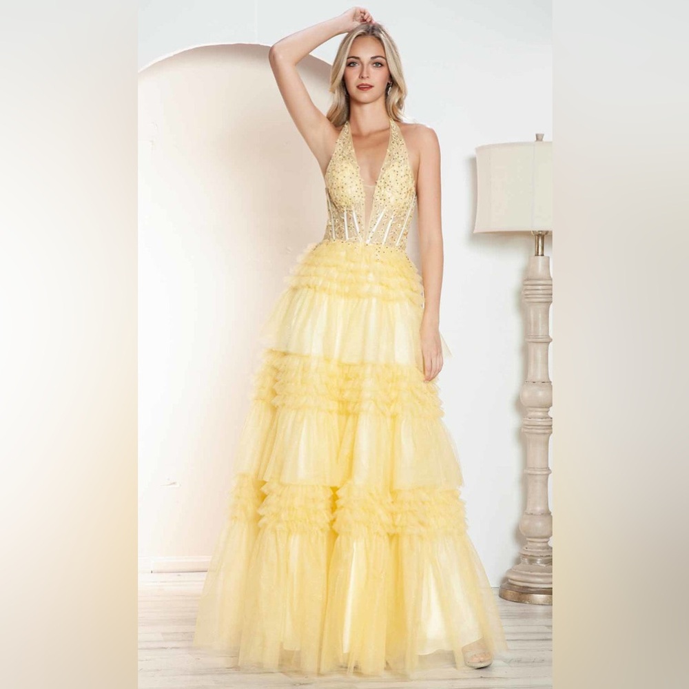 Juliet Yellow Ruffle Tiered Tulle Halter Prom Dress